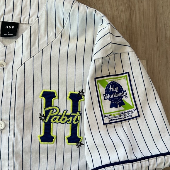 HUF Pabst Baseball Jersey PBR Heavy Twill Pinstripe Embroidered Large - Picture 8 of 13